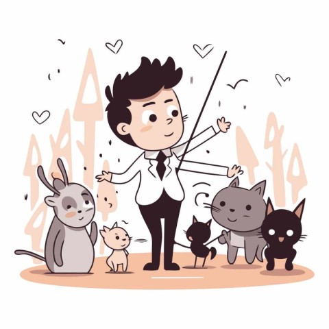 Businessman playing the violin with a group of cats