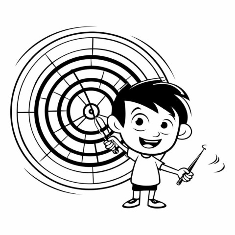 Boy holding a dartboard. black and white cartoon vector illustra