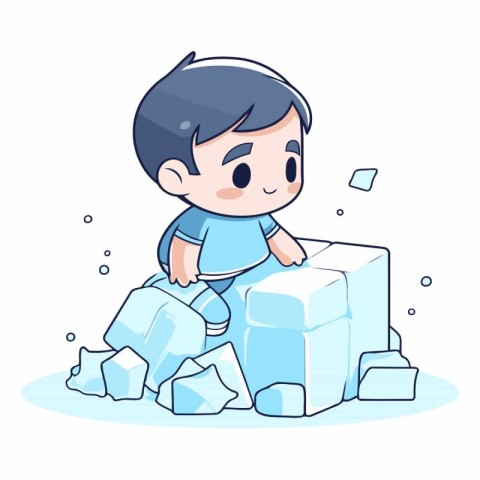 Cute little boy playing with ice cubes. Vector cartoon illustrat