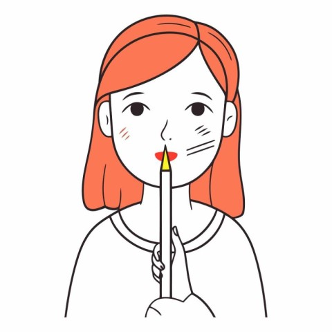 Woman with red hair holding a pencil in her mouth.