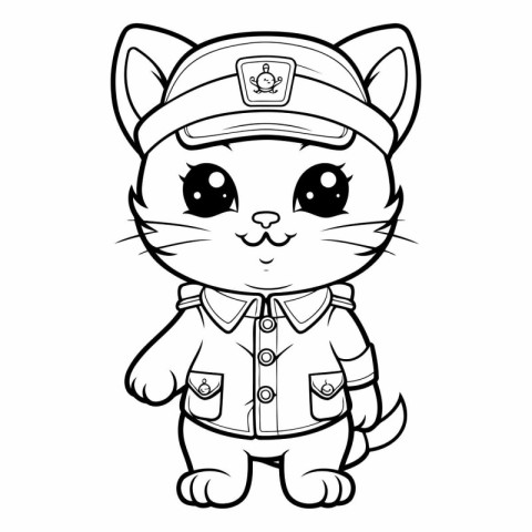 Black and White Cartoon Illustration of Cute Cat Police Officer