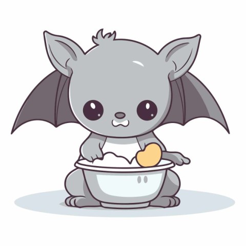 Cute baby bat with a bowl of milk.