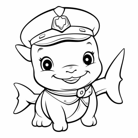 Black and White Cartoon Illustration of Cute Little Fish Sailor