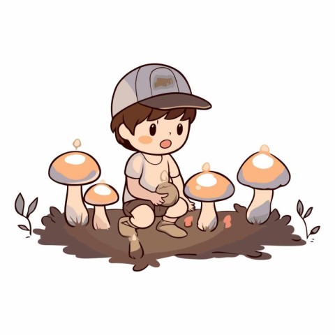 Illustration of a Cute Little Boy Sitting in the Forest with Mus