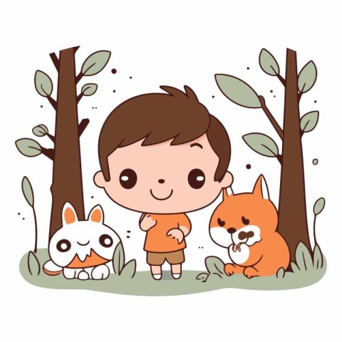 cute boy with dog and cat in the forest vector illustration desi