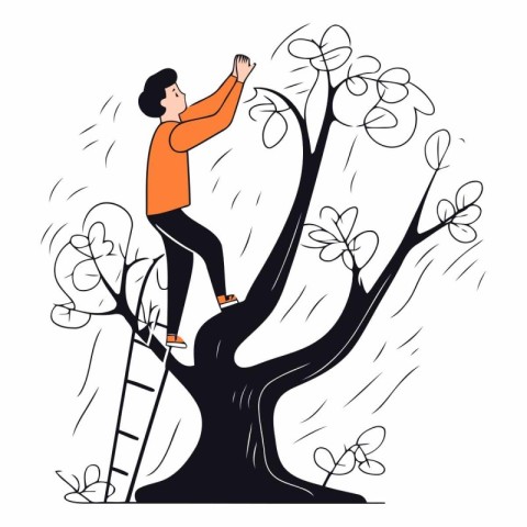 Young man climbing on a tree in cartoon style.