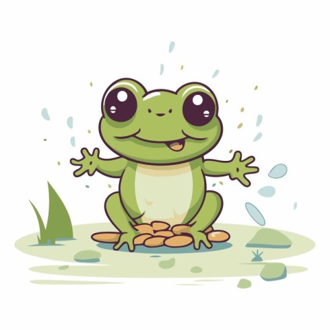 Frog sitting on pebbles. Cute cartoon vector illustration.