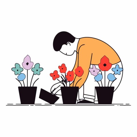 Man planting flowers in pots. Gardening concept.