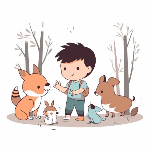 cute boy playing with cute animals in the park vector illustrati