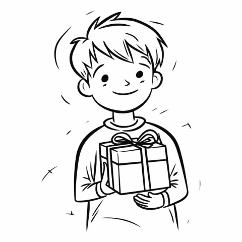 Illustration of a Kid Boy Holding a Gift Box - Coloring Book