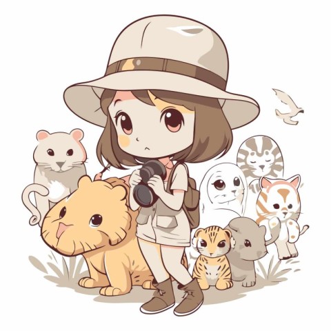 Illustration of a Little Girl in a Safari Hat with a Camera and