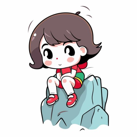 Little girl sitting on the rock in a flat style.