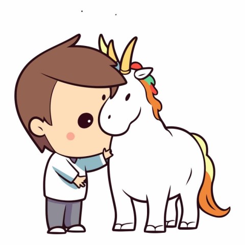 Cute little boy and white unicorn. Vector clip art illustration.