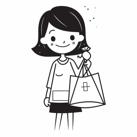 Illustration of a Girl Holding a Shopping Bag - Black and White