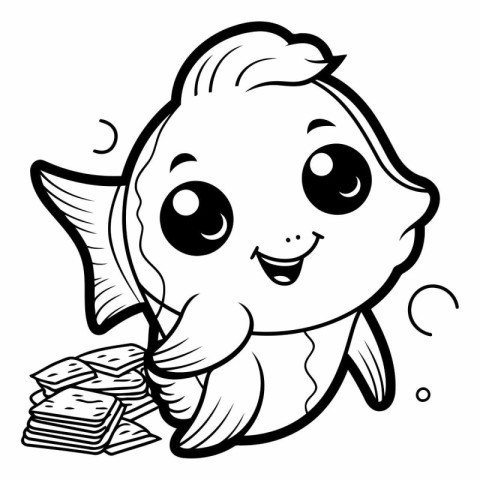 Black and White Cartoon Illustration of Cute Fish Character for