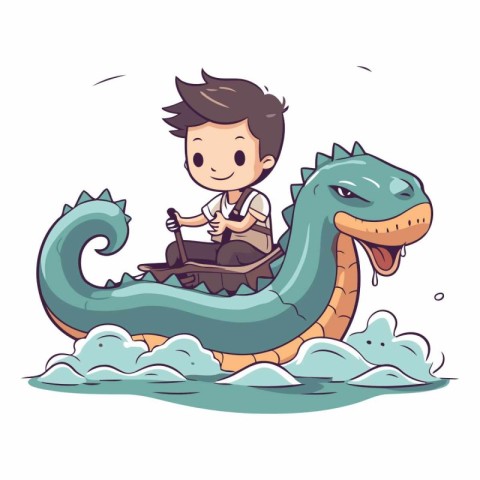 Cute boy riding a dragon boat. cartoon vector illustration isola