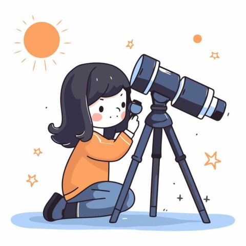 Illustration of a Kid Girl Looking at the Sun through a Telescop