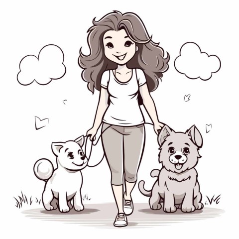 Beautiful young woman walking with her cute dogs.