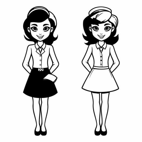 cute retro girls black and white vector illustration graphic des