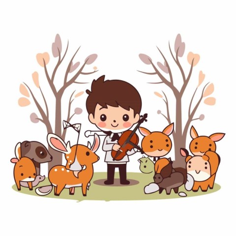 boy playing violin with group of animals in the park vector illu