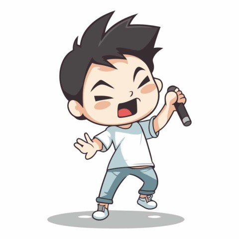 Cute boy singing karaoke cartoon character.