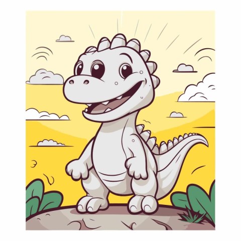 Cute cartoon dinosaur on the background of nature.