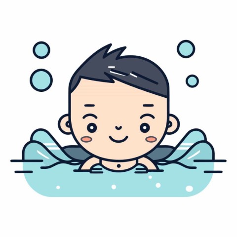 Cute boy swimming in a pool in linear style.