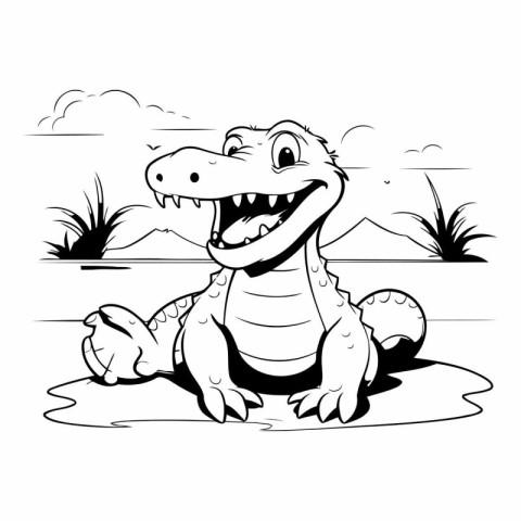 Crocodile - Black and White Cartoon Illustration. Vector