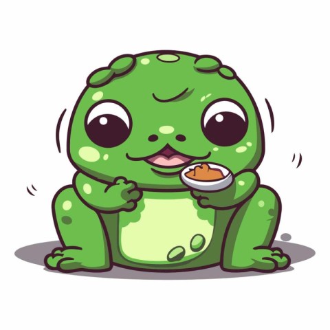 Cute green frog with a bowl of food.