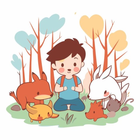 cute little boy with fox and rabbit in the forest vector illustr