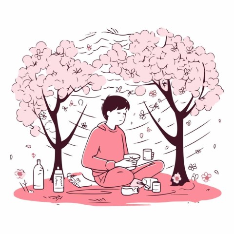 Vector illustration of a young man sitting in the park under a b