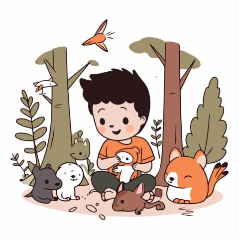 Cute little boy playing with animals in the forest