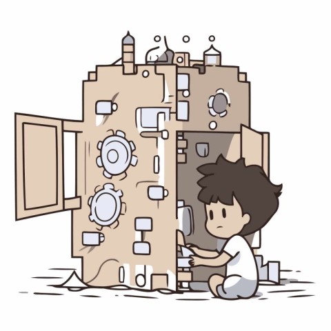 Boy building a castle with gears and cogs.