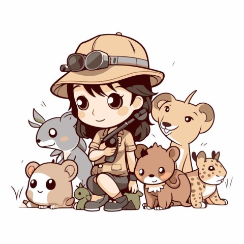 Illustration of a Little Girl in a Safari Gear and Her Animals