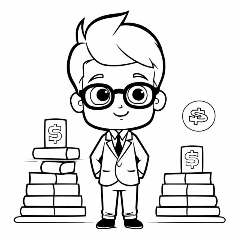 Businessman with Money Stacks - Black and White Cartoon Illustra