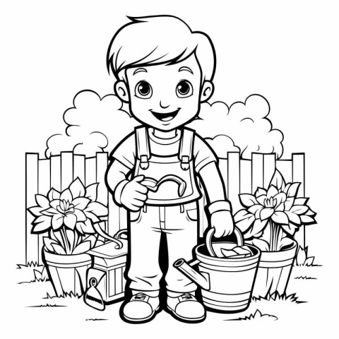 Black and White Cartoon Illustration of Cute Little Boy Watering