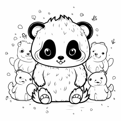 Cute panda with baby animals. Coloring book for children.