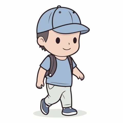 Boy walking with hat and backpack - Vector Illustration. EPS10