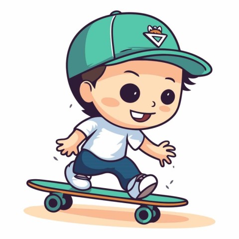 Cute Cartoon Boy Skateboarding on Skateboard Vector Illustration