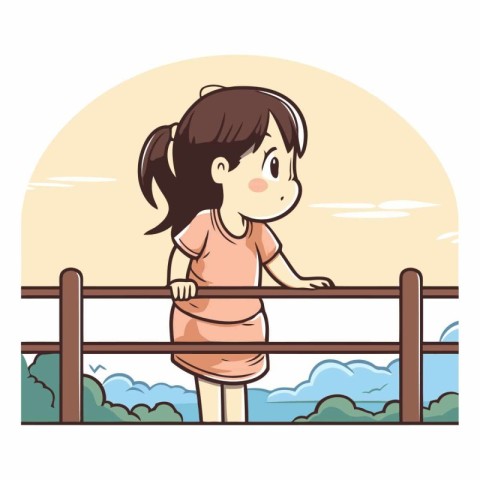 Illustration of a Little Girl Playing on a Fence at Sunset