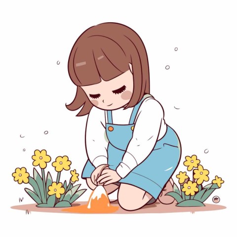 Cute little girl watering flowers in the spring garden.