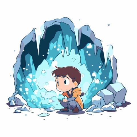 Cute little boy exploring the ice cave. Cartoon vector illustrat