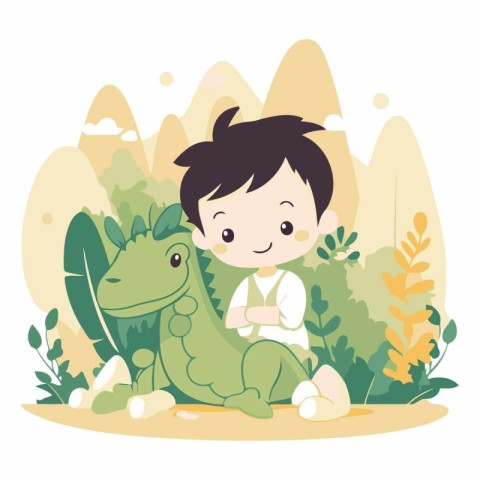 cute little boy with dinosaur in the park vector illustration gr