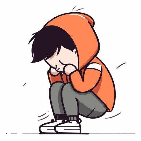 Sad boy sitting on the ground and crying. Vector cartoon illustr