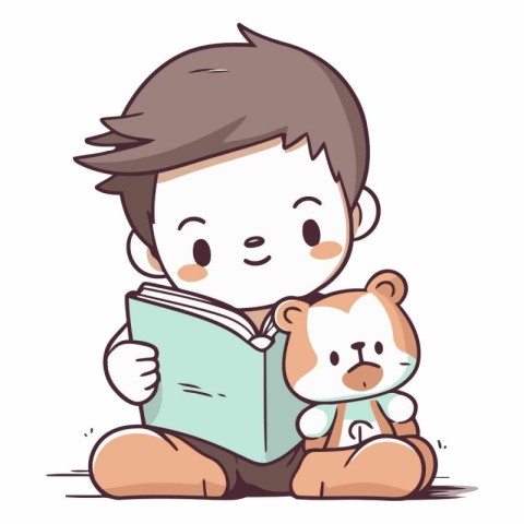 Cute boy reading a book with a teddy bear.