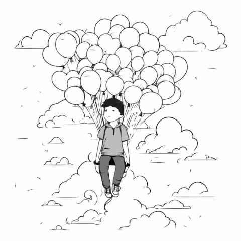 Boy flying with balloons in the sky graphic design.