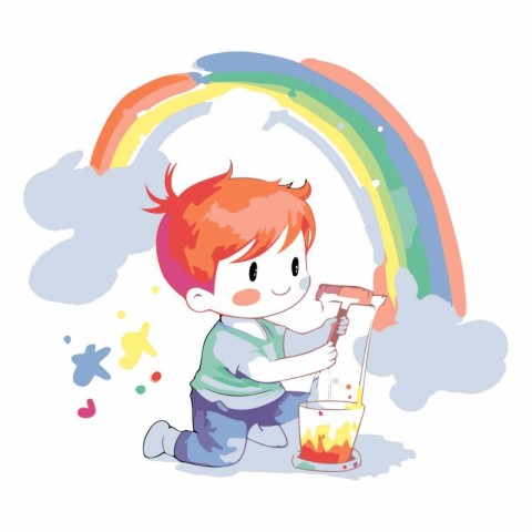 Boy with a fire in his hand and a rainbow in the background