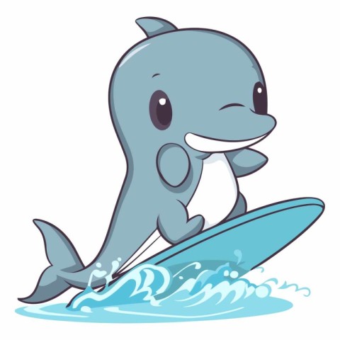 Illustration of a Cute Cartoon Dolphin Surfing with Surfboard