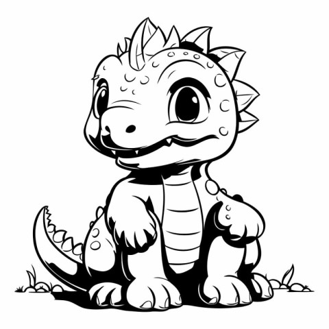 Cute Dinosaur - Black and White Cartoon Illustration. Isolated O