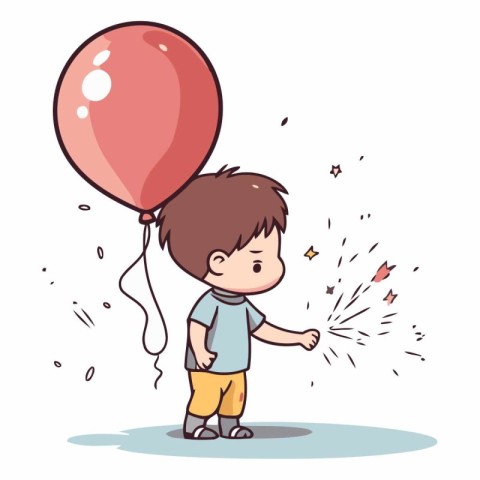 Cute little boy holding a red balloon in cartoon style.